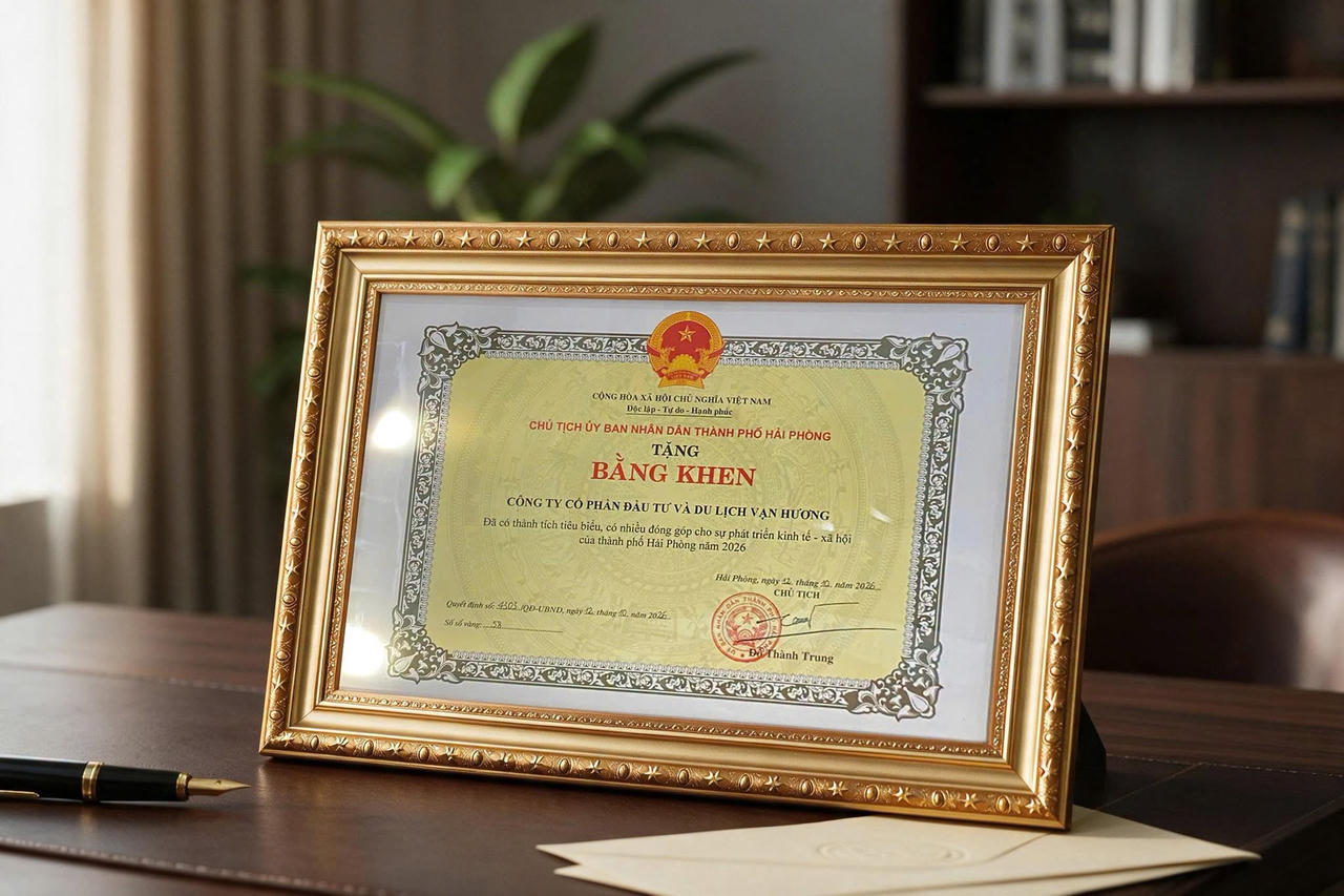  UBND TP Hải Phòng trao tặng bằng khen cho Công ty Cổ phần Đầu tư và Du lịch Vạn Hương, ghi nhận những đóng góp của doanh nghiệp. (ảnh KDL Quốc tế Đồi Rồng)