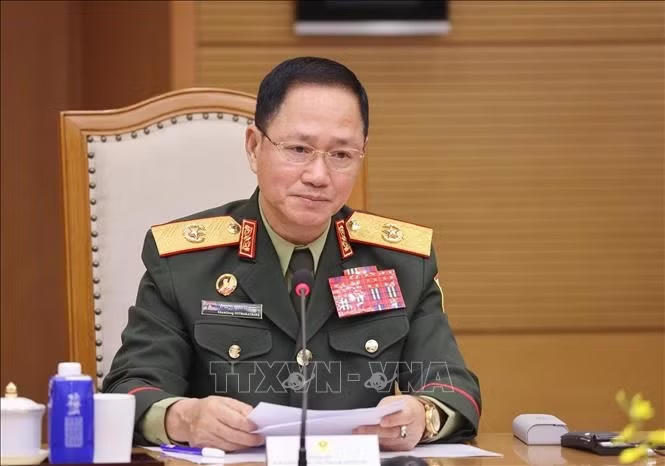 Đại tướng Khamliang Outhakaysone, Phó Thủ tướng, Bộ trưởng Bộ Quốc phòng Lào phát biểu. Ảnh: Lâm Khánh/TTXVN