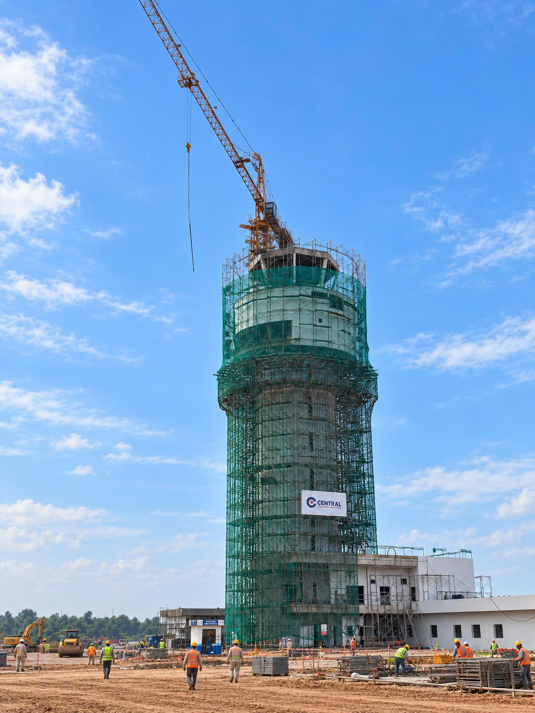 Công nhân thi công mài, cắt tạo rãnh kháng trượt để hoàn thiện đường cất hạ cánh. Ảnh: Anh Chiến