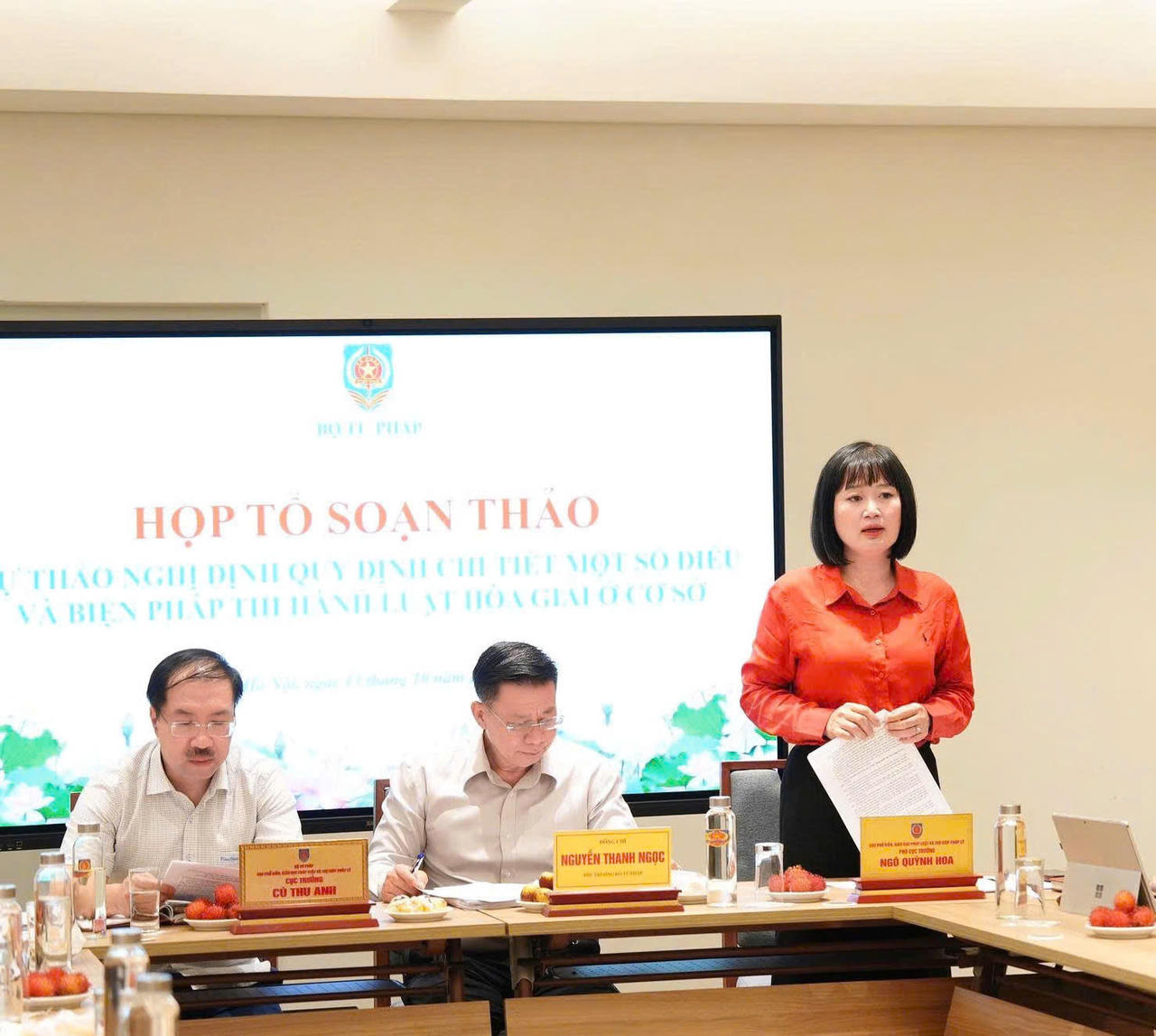 Phó Cục trưởng Cục Phổ biến, giáo dục pháp luật và Trợ giúp pháp lý Ngô Quỳnh Hoa trình bày báo cáo.