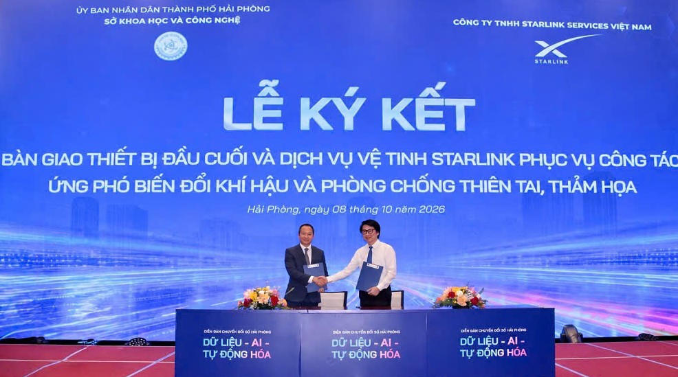Sở Khoa học và Công nghệ thành phố Hải Phòng ký kết hợp tác với Công ty TNHH Starlink Services Việt Nam trong khuôn khổ Diễn đàn Chuyển đổi số thành phố Hải Phòng năm 2026. (ảnh Nguyên An)