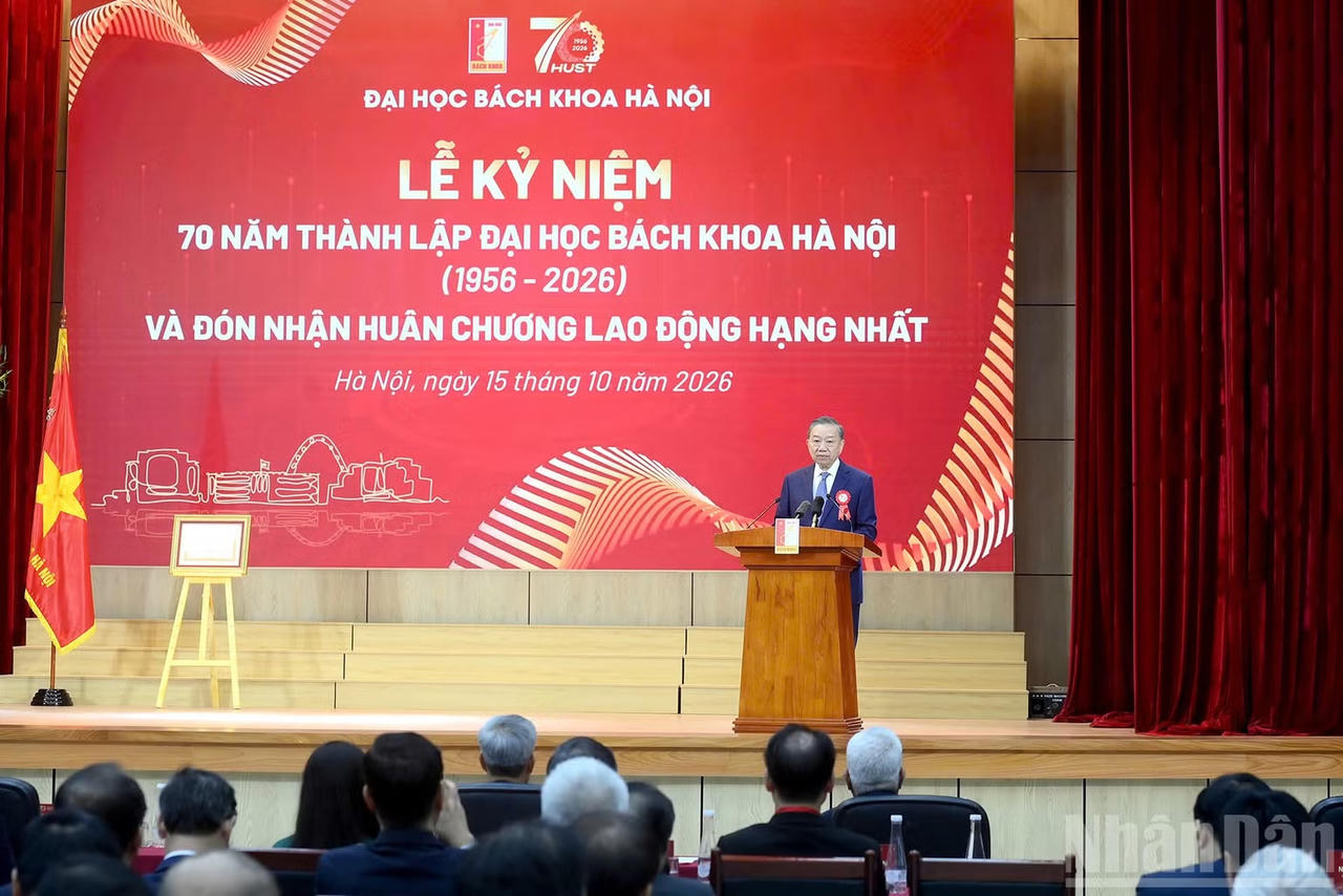Tổng Bí thư, Chủ tịch nước Tô Lâm phát biểu tại Lễ kỷ niệm 70 năm thành lập Đại học Bách khoa Hà Nội. Ảnh: nhandan.vn