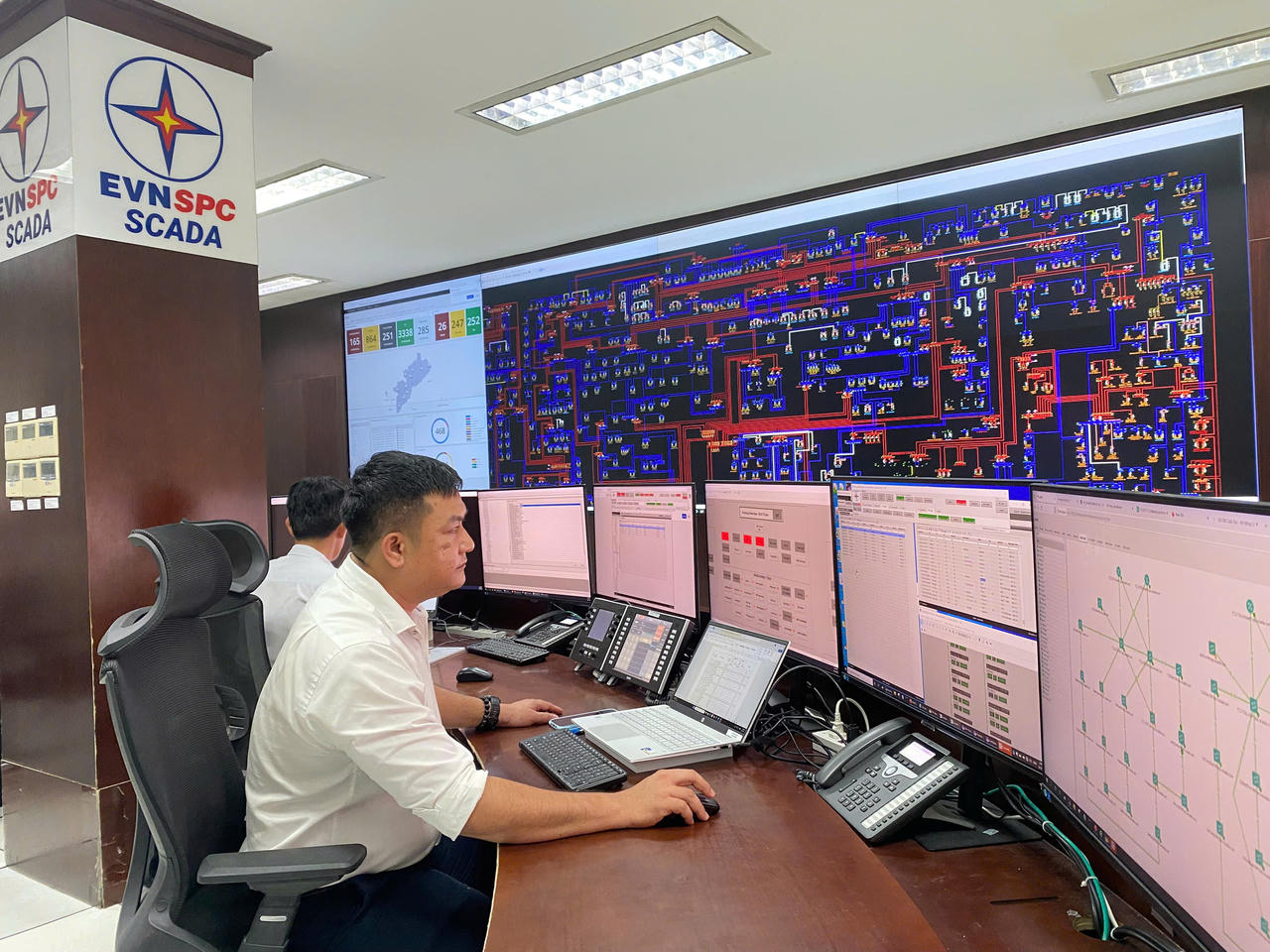 Theo dõi vận hành hệ thống lưới điện tại Trung tâm Điều hành SCADA. Ảnh: EVNSPC