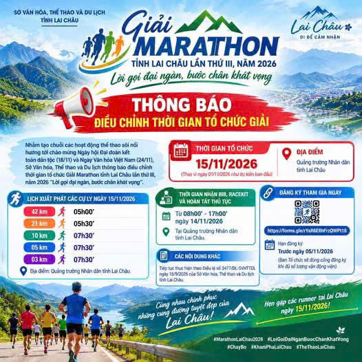 Lai Châu điều chỉnh thời gian tổ chức Giải Marathon lần thứ III năm 2026