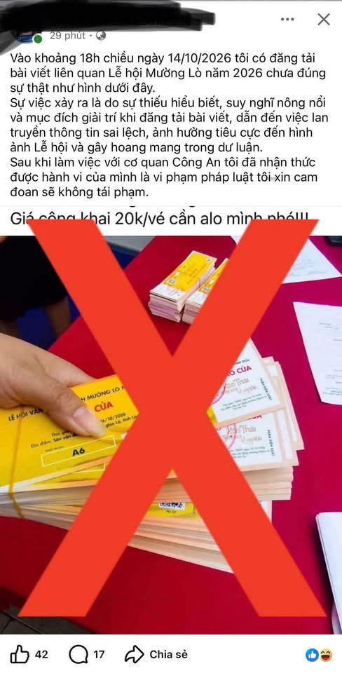 Xử lý nam thanh niên đăng tải thông tin sai liên quan đến lễ hội Mường Lò
