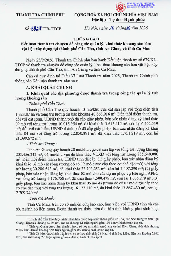 Thông báo kết luận thanh tra 3827/TT-TTCP. (Ảnh: Thành Trung)