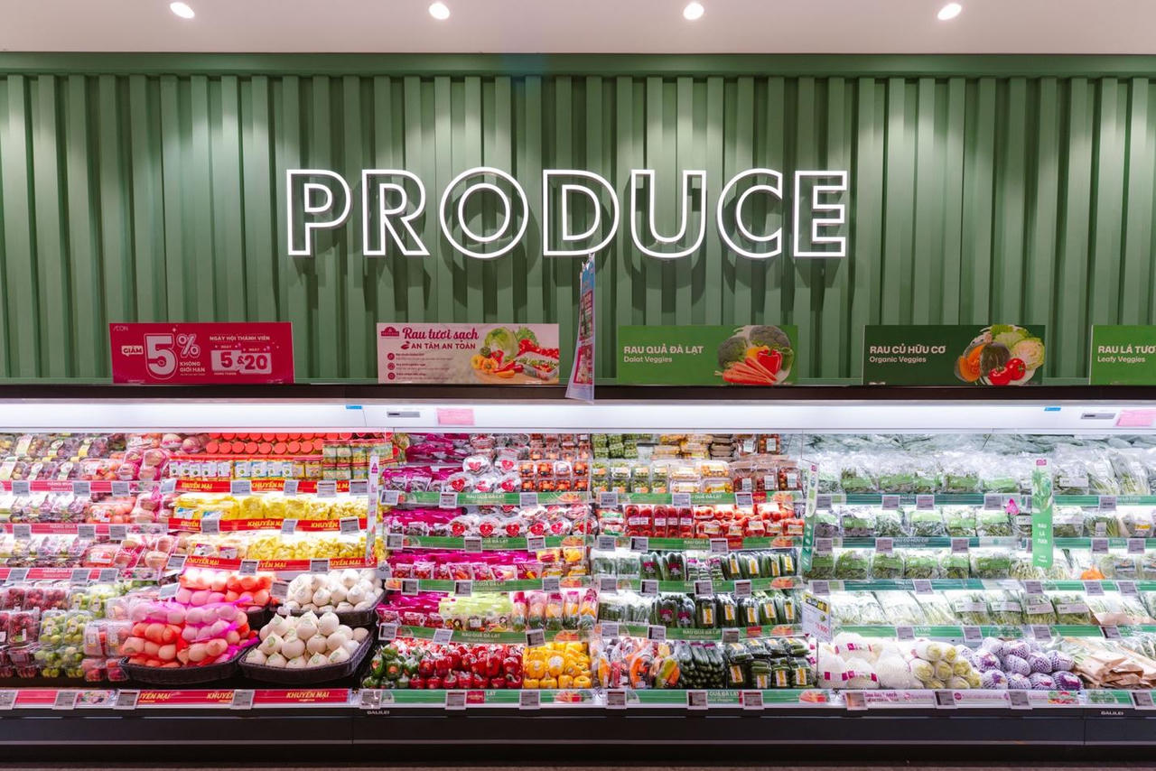 A display of vegetables and fruits

Description automatically generated
