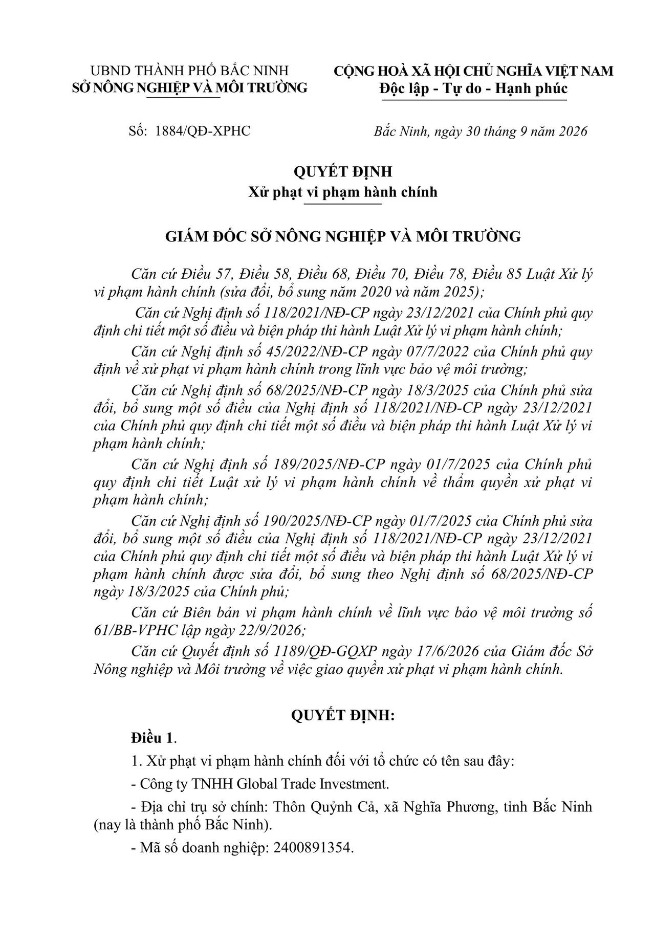 Bắc Ninh: Công ty TNHH Global Trade Investment bị xử phạt vi phạm hành chính 180 triệu đồng
