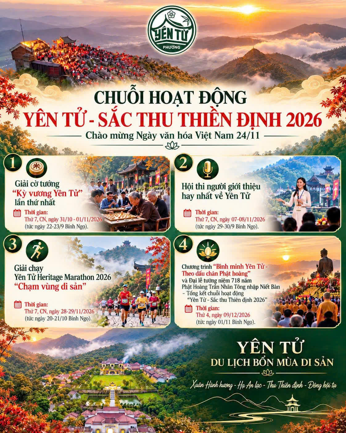 Yên Tử - Sắc thu thiền định 2026 sẽ diễn với chuỗi sự kiện văn hóa, thể thao và tâm linh từ tháng 10 đến 12. (Ảnh: Sở VHTTDL Quảng Ninh cung cấp) 