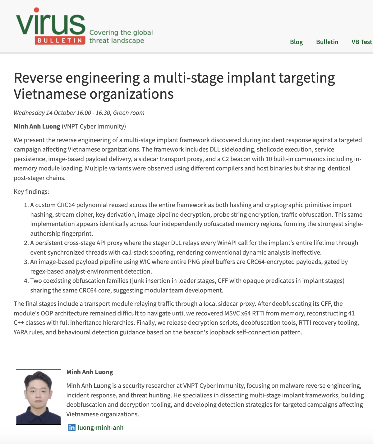 Nghiên cứu của VNPT Cyber Immunity được giới thiệu trong chương trình Virus Bulletin Conference 2026.
