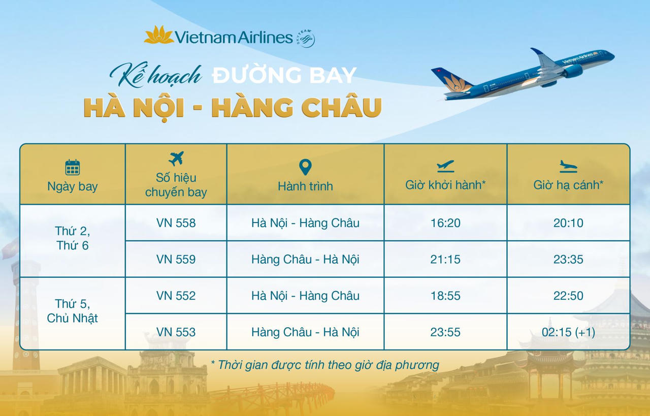 Lịch khai thác đường bay Hà Nội - Hàng Châu.