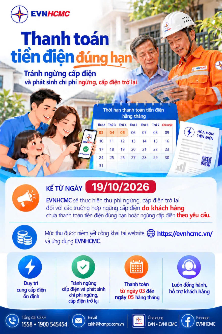 EVNHCMC ban hành đơn giá ngừng, cấp điện trở lại