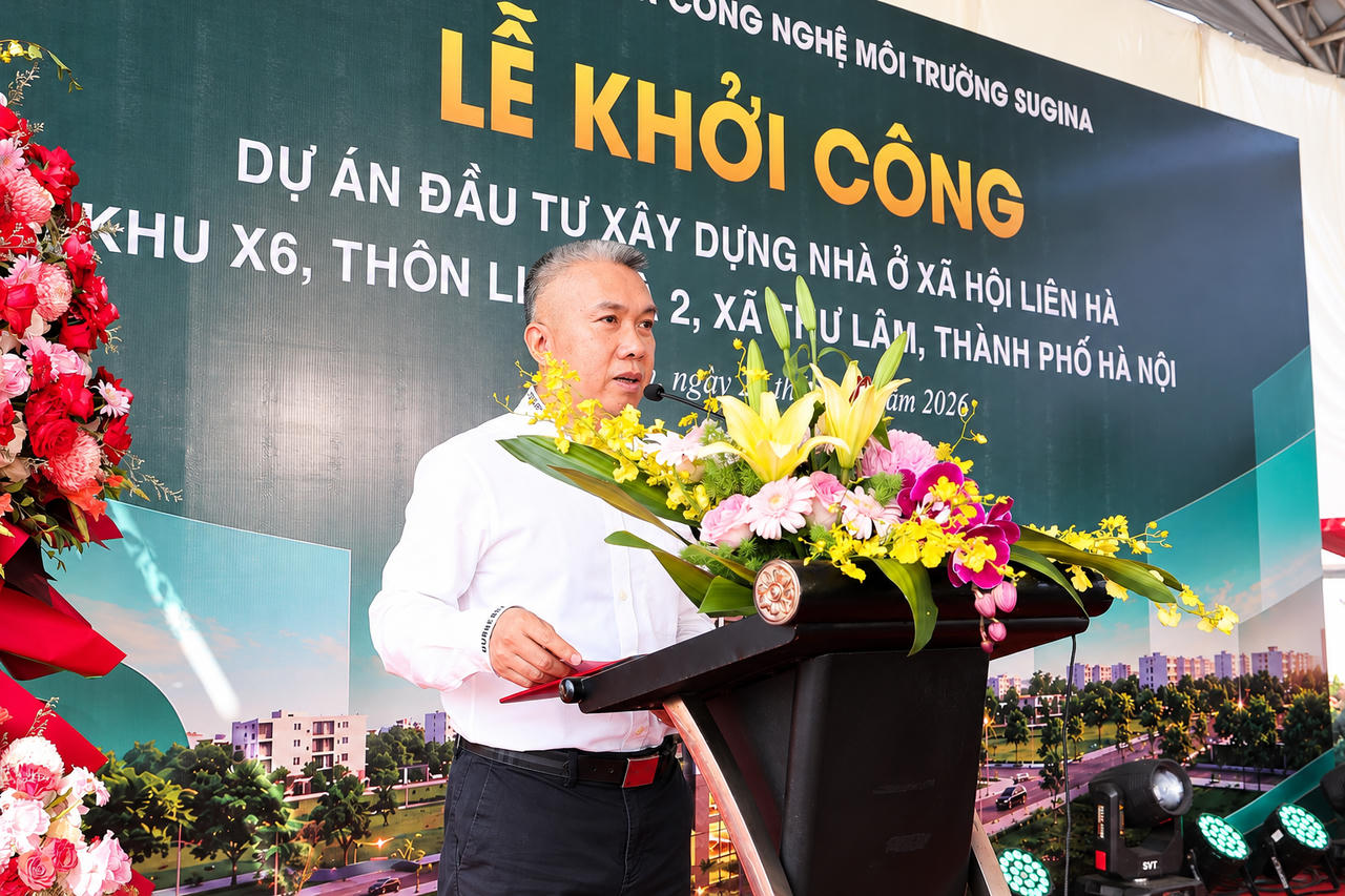 Ông Nguyễn Thanh Hiếu – Chủ tịch Hội đồng quản trị Công ty Cổ phần Công nghệ Môi trường Sugina phát biểu tại lễ khởi công Dự án Nhà ở xã hội Liên Hà.