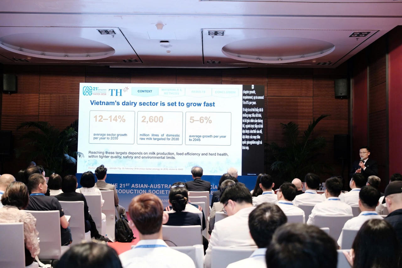 TS. Trần Trung Mỹ, Giám đốc Chất lượng trang trại TH chia sẻ những kinh nghiệm thực tiễn về chăn nuôi bò sữa quy mô lớn trước các đại biểu quốc tế. Ảnh: TH.