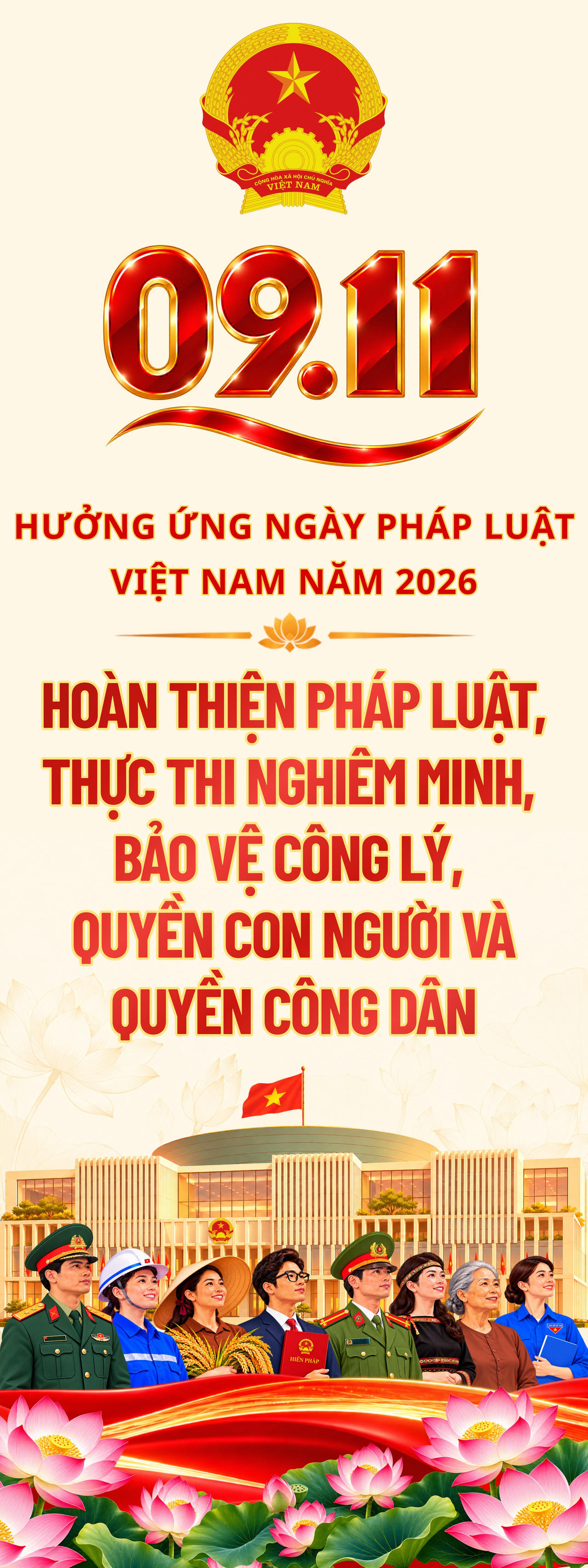Bộ nhận diện và các khẩu hiệu tuyên truyền hưởng ứng Ngày Pháp luật Việt Nam năm 2026