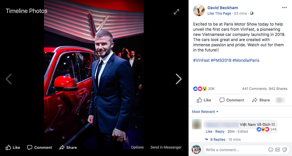 David Beckham hết lòng ca ngợi xe hơi VinFast trên Instagram cá nhân