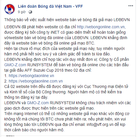 Liên đoàn bóng đá cảnh báo trang web giả mạo đặt vé chung kết AFF Cup