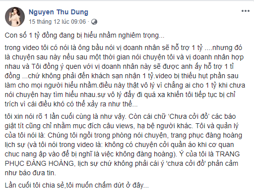 Thư Dung viết tâm thư về 1 tỷ đồng của 'đại gia'