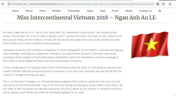 Lê Âu Ngân Anh khoe hình thể trên trang chủ Miss Intercontinental