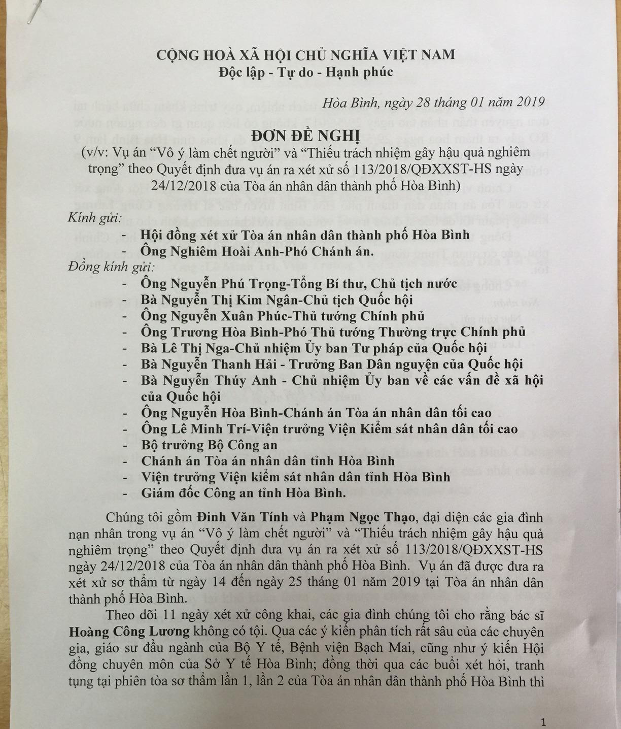 Người nhà nạn nhân đồng loạt kêu gọi Tòa án 'minh oan' cho bác sĩ Hoàng Công Lương