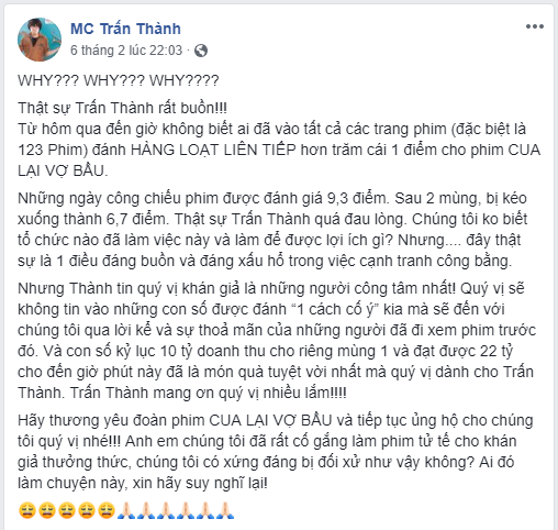 Trấn Thành lên tiếng vì 'Cua lại vợ bầu' bị cạnh tranh không công bằng mùa phim Tết