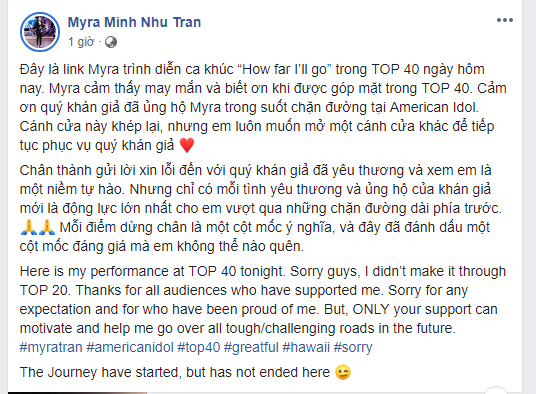 Minh Như dừng chân ở top 40 American Idol