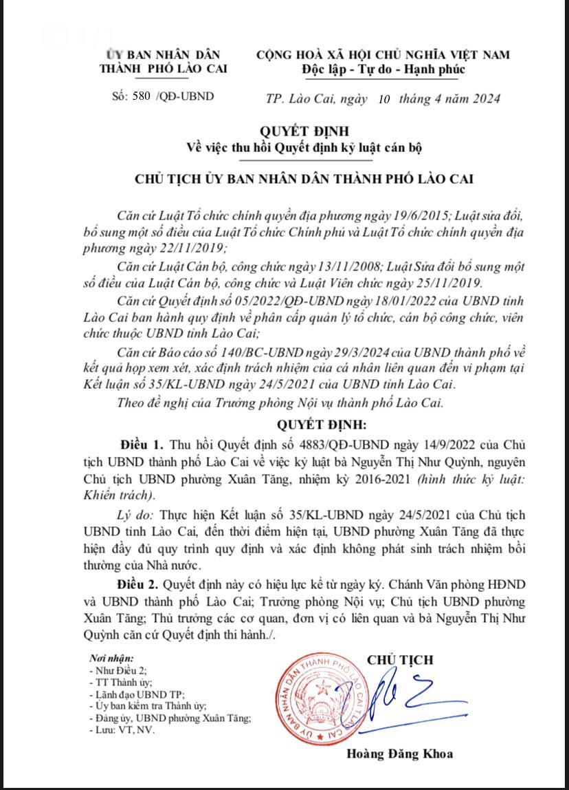 Lào Cai: Thu hồi quyết định kỷ luật Bí thư Đảng ủy phường Xuân Tăng