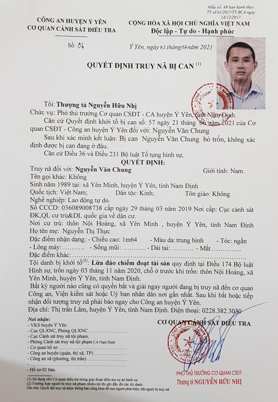 Công an huyện Ý Yên - Nam Định: Truy nã đối tượng có hành vi “Lừa đảo chiếm đoạt tài sản”