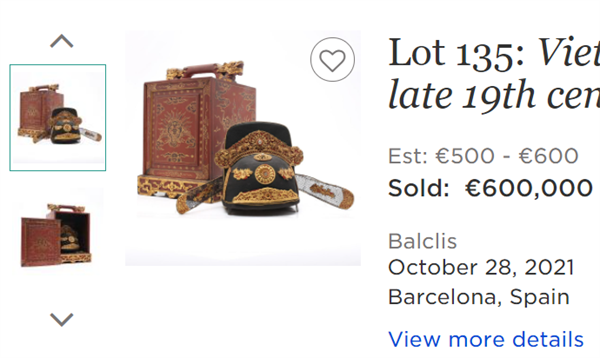 Mũ quan triều Nguyễn đã được bán với giá gấp 1.200 lần