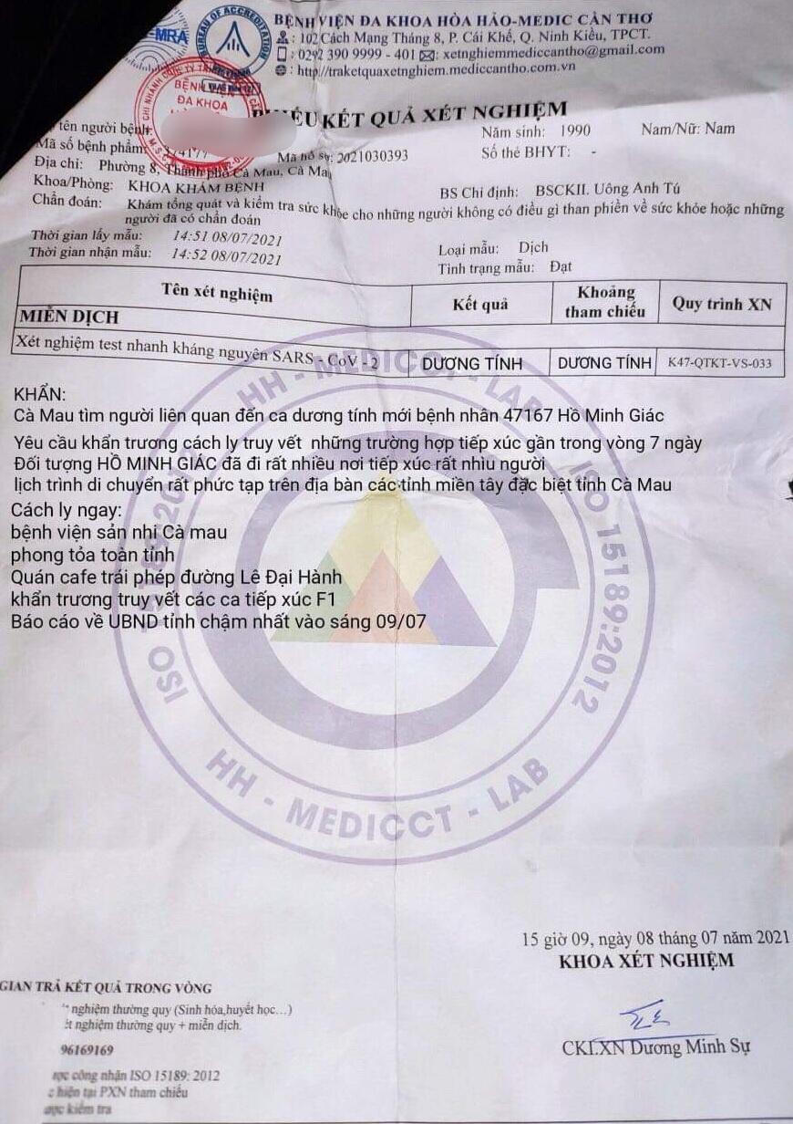 Cà Mau xuất hiện phiếu xét nghiệm COVID-19 giả 