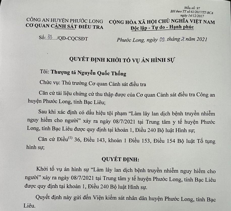 Khởi tố vụ án hình sự đối với hành vi lây lan dịch bệnh ở Bạc Liêu