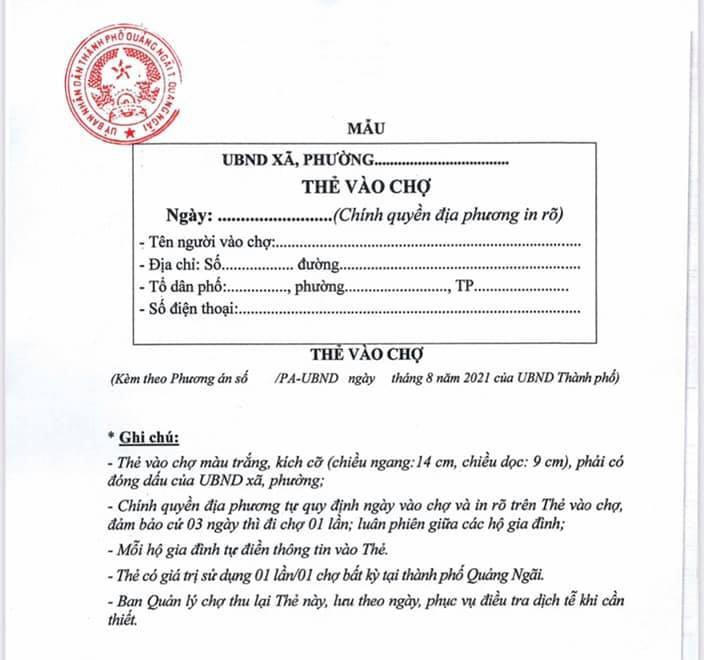 Từ ngày 2/9, mỗi hộ gia đình ở TP Quảng Ngãi đi chợ 3 ngày/lần