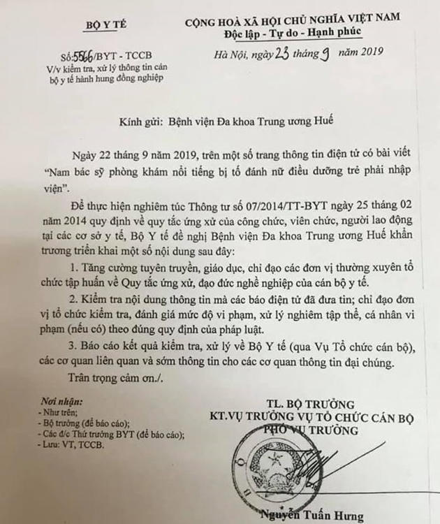 Bộ Y tế chỉ đạo kiểm tra, xử lý vụ cán bộ y tế hành hung đồng nghiệp