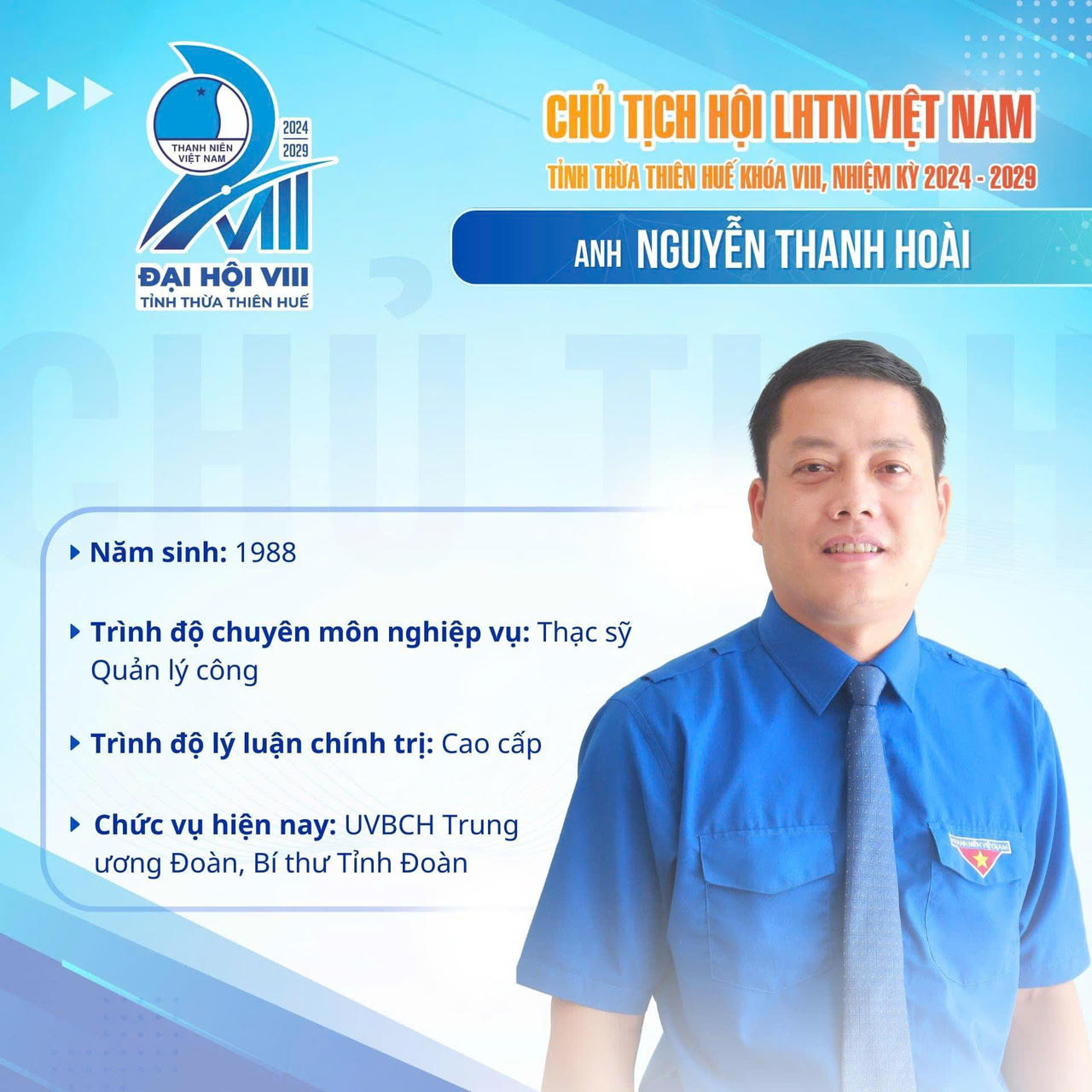 Anh Nguyễn Thanh Hoài tái đắc cử Chủ tịch Hội LHTN Việt Nam tỉnh Thừa Thiên Huế