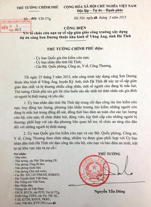 Sập giàn giáo ở Vũng Áng: Thủ tướng yêu cầu khẩn trương cứu nạn 