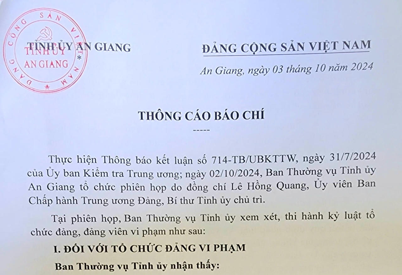 Ban Thường vụ Tỉnh ủy An Giang thông báo về việc thi hành kỷ luật 4 tổ chức đảng và 1 đảng viên vi phạm