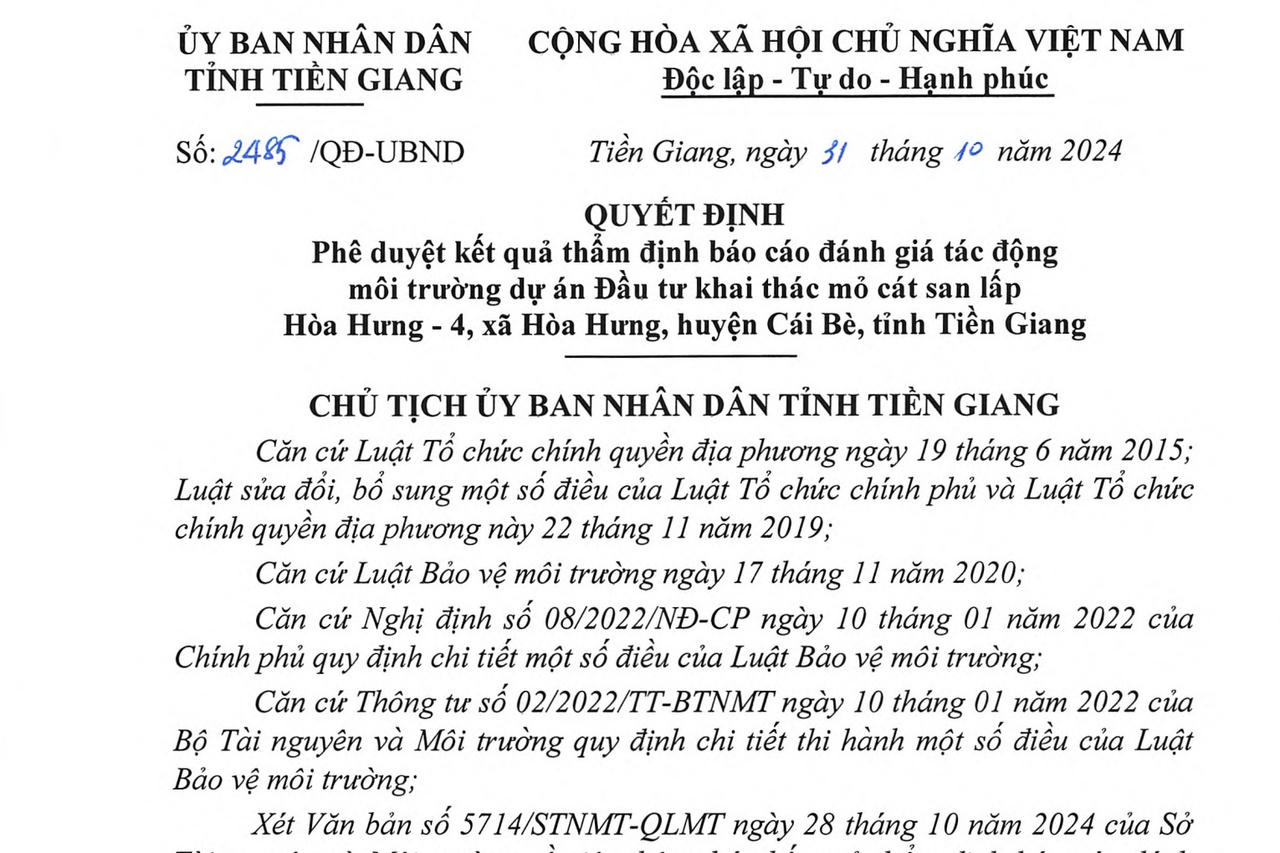 Tiền Giang: Thêm mỏ cát san lấp tại xã Hòa Hưng được khai thác