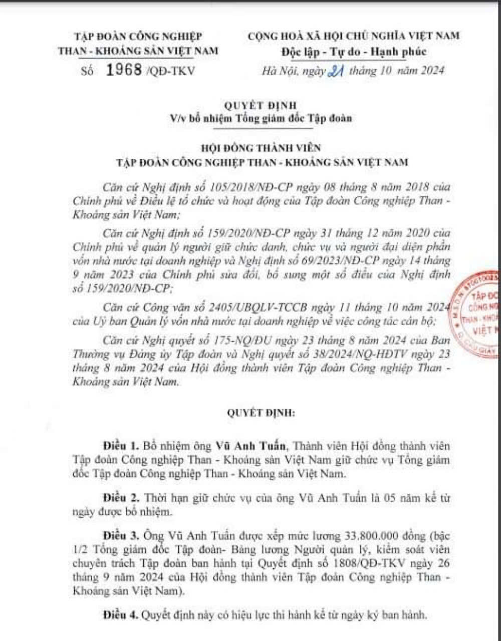 Ông Vũ Anh Tuấn giữ chức vụ Tổng Giám đốc TKV