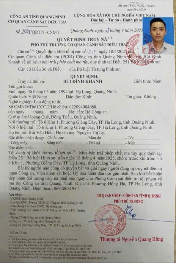 Phát lệnh truy nã Bùi Đình Khánh về hành vi mua bán trái phép chất ma tuý