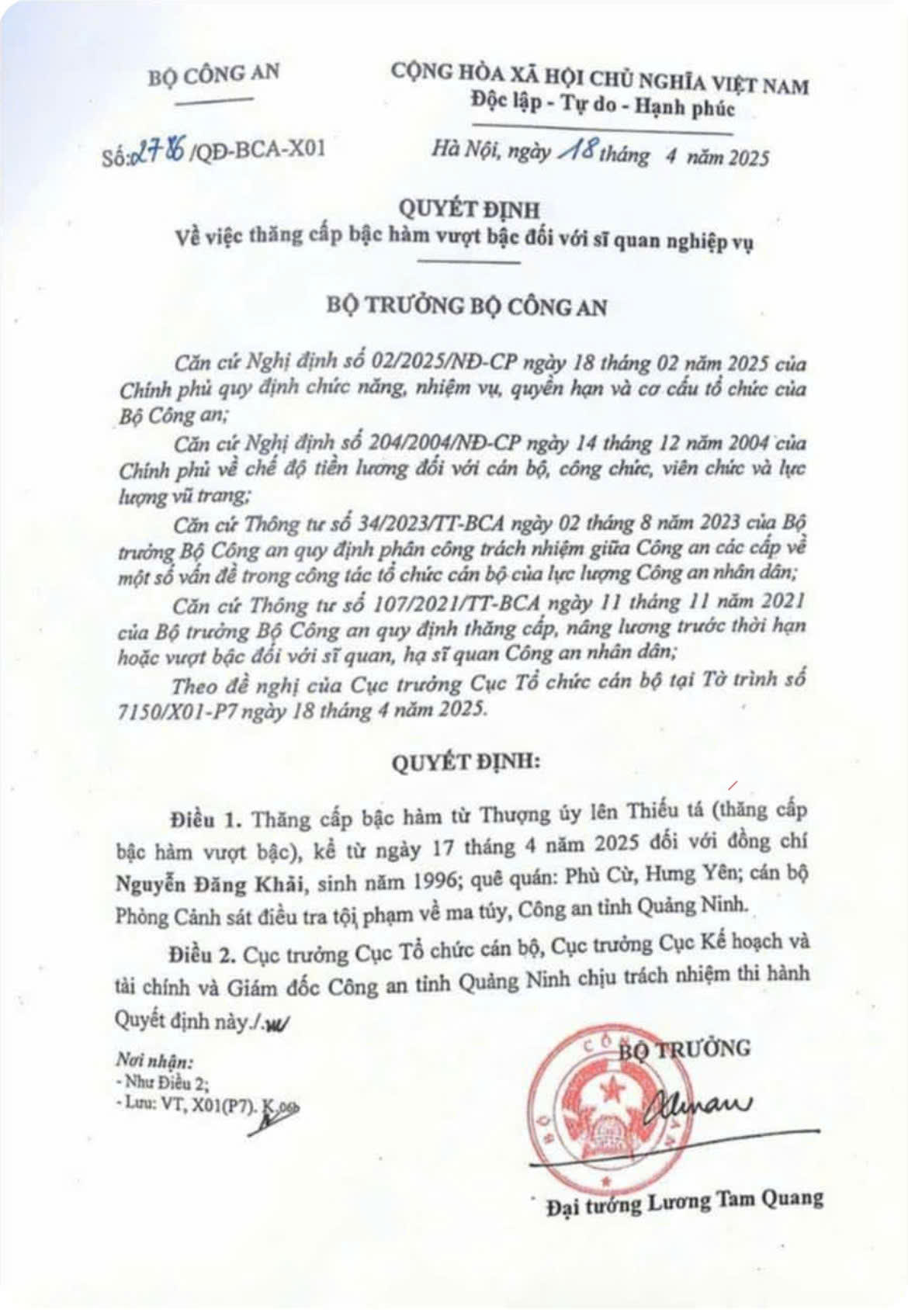 Truy thăng cấp bậc hàm lên Thiếu tá đối với cán bộ Công an hy sinh trong thực hiện nhiệm vụ