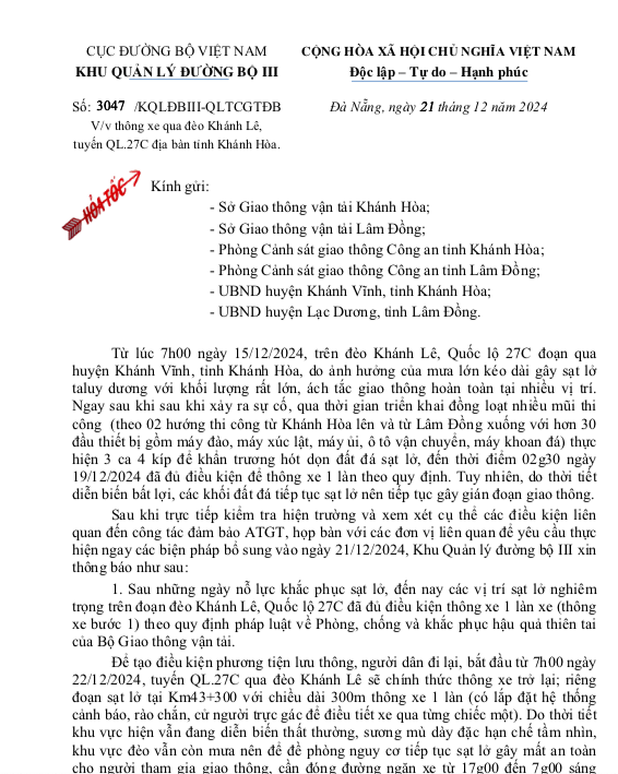 Sáng 22/12 sẽ thông xe đèo Khánh Lê nối Khánh Hoà – Lâm Đồng
