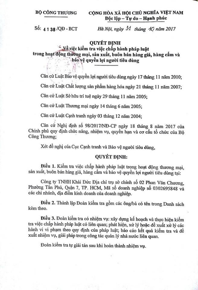 Quyết định kiểm tra việc chấp hành pháp luật đối với công ty Khải Silk