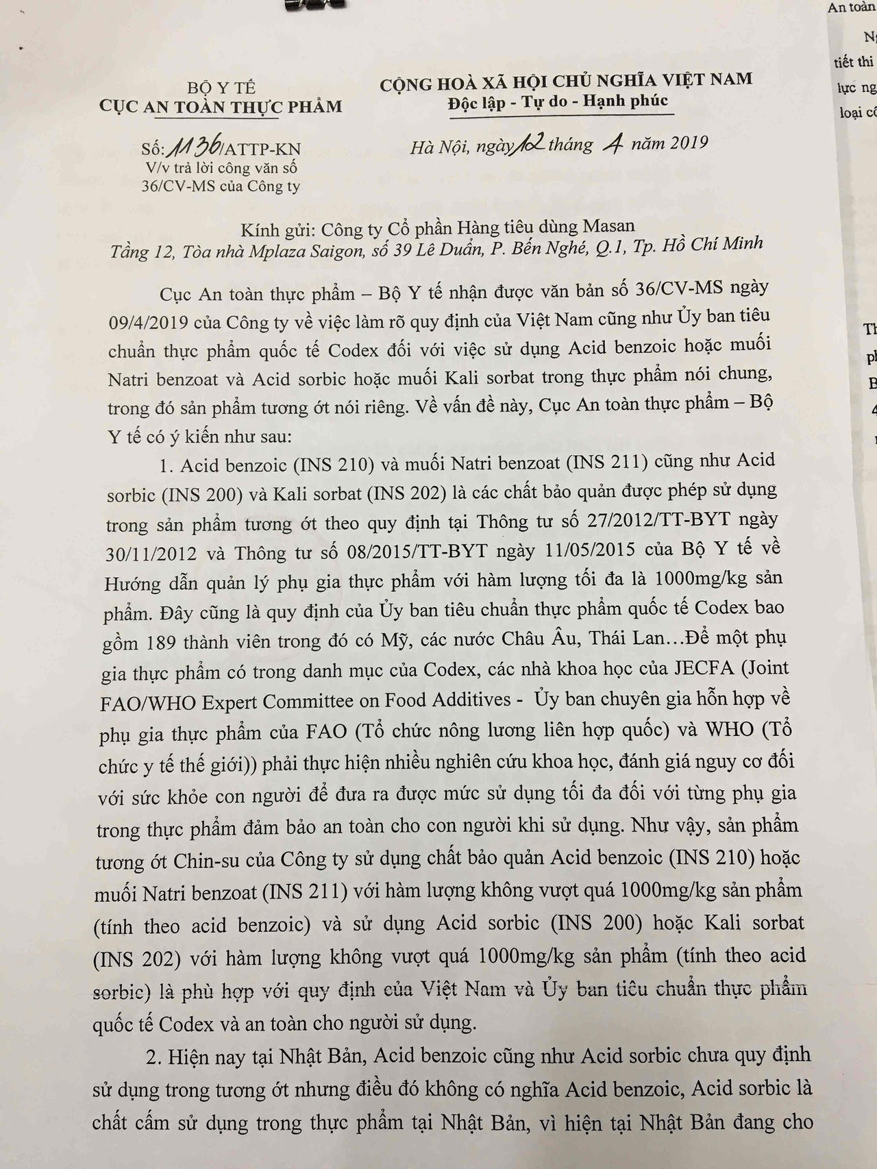 Cục An toàn thực phẩm: Sản phẩm tương ớt Chin-su an toàn với người sử dụng
