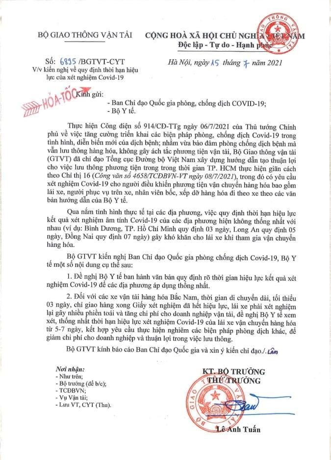 Bộ Giao thông kiến nghị kéo dài thời hạn hiệu lực giấy xét nghiệm COVID-19 cho lái xe chở hàng hoá