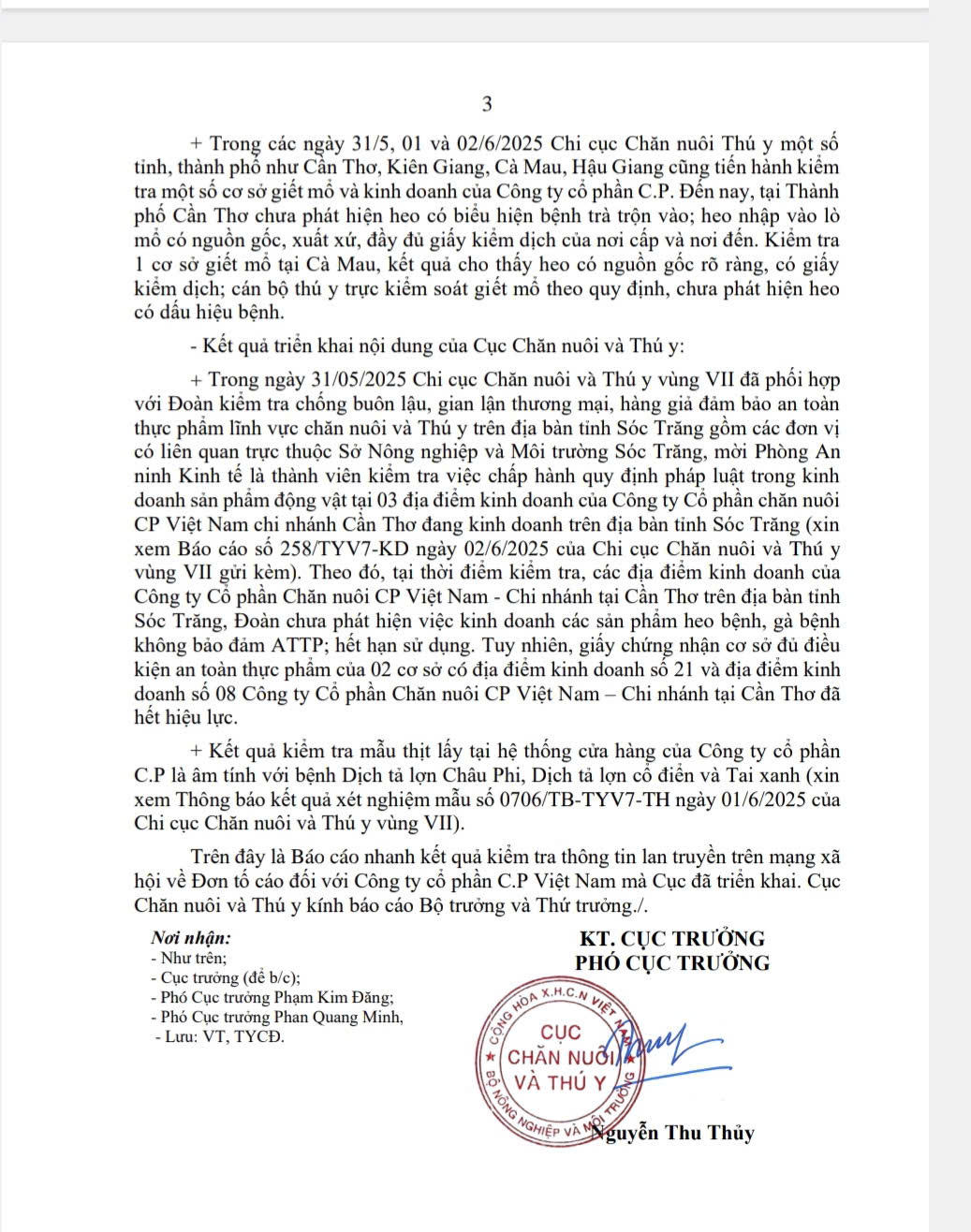 Cục Thú y và Chăn nuôi: Không phát hiện việc kinh doanh các sản phẩm heo bệnh, gà bệnh tại các điểm kinh doanh của Công ty CP Việt Nam
