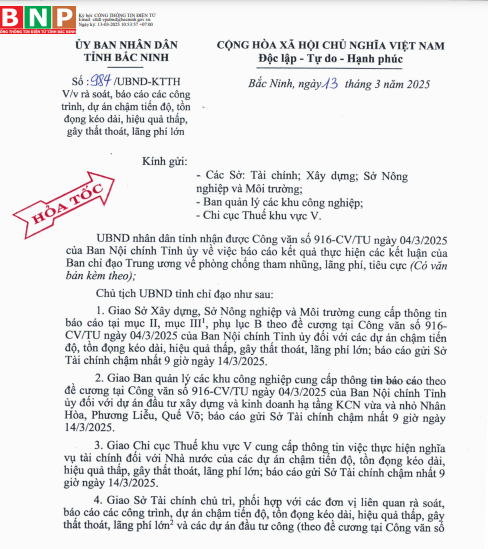 Bắc Ninh đề nghị rà soát, báo cáo loạt dự án chậm tiến độ, gây thất thoát, lãng phí 