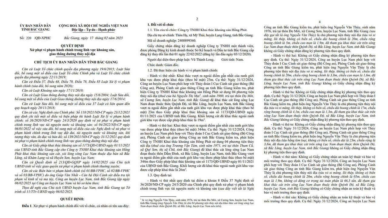 Bắc Giang: Công ty khai thác khoáng sản Hồng Phát bị xử phạt vi phạm hành chính hơn 500 triệu đồng