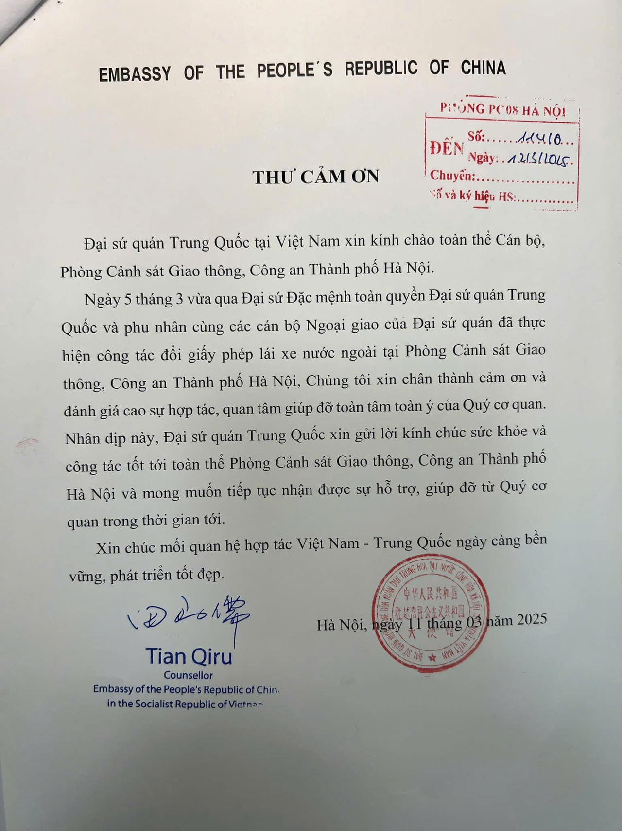 Đại sứ quán Trung Quốc gửi thư cảm ơn Cảnh sát giao thông Hà Nội