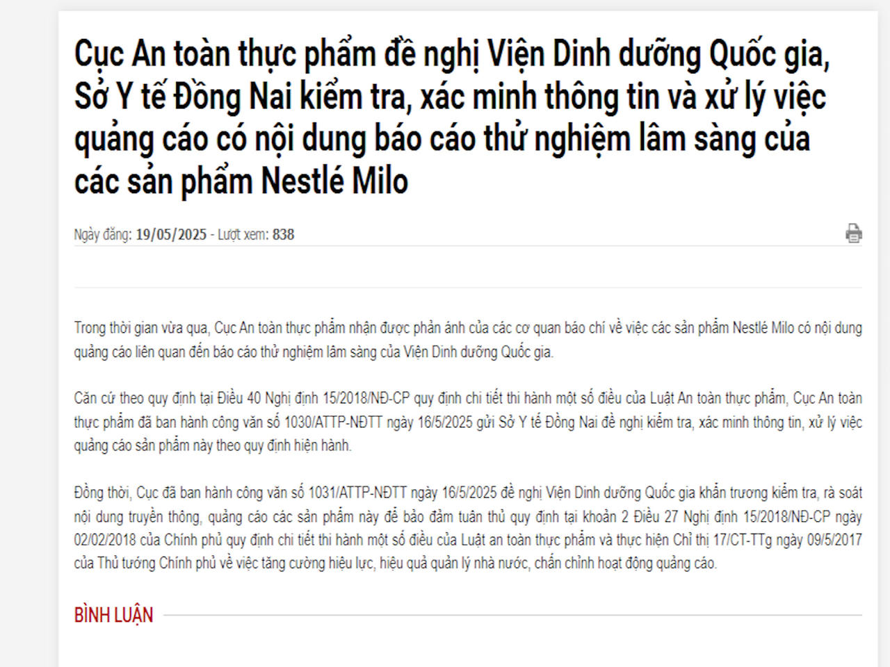 Bộ Y tế yêu cầu xác minh việc gắn mác Viện Dinh dưỡng để quảng cáo sữa Milo