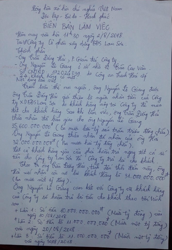 Thanh Hóa: Một doanh nghiệp chiếm dụng hàng chục tỷ tiền khách hàng đặt cọc mua đất